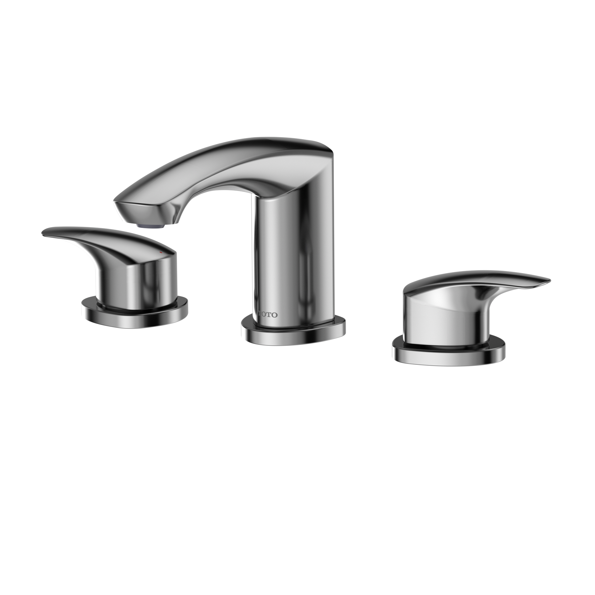 Polished chrome three-piece bathroom sink faucet with curved spout and two lever handles on white background.