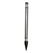 Metal drive point with perforated screen body and tapered black tip for well installation.