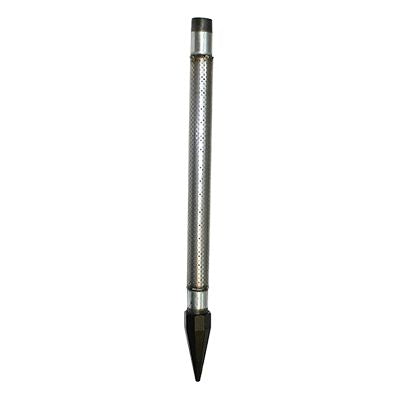 Metal drive point with perforated screen body and tapered black tip for well installation.