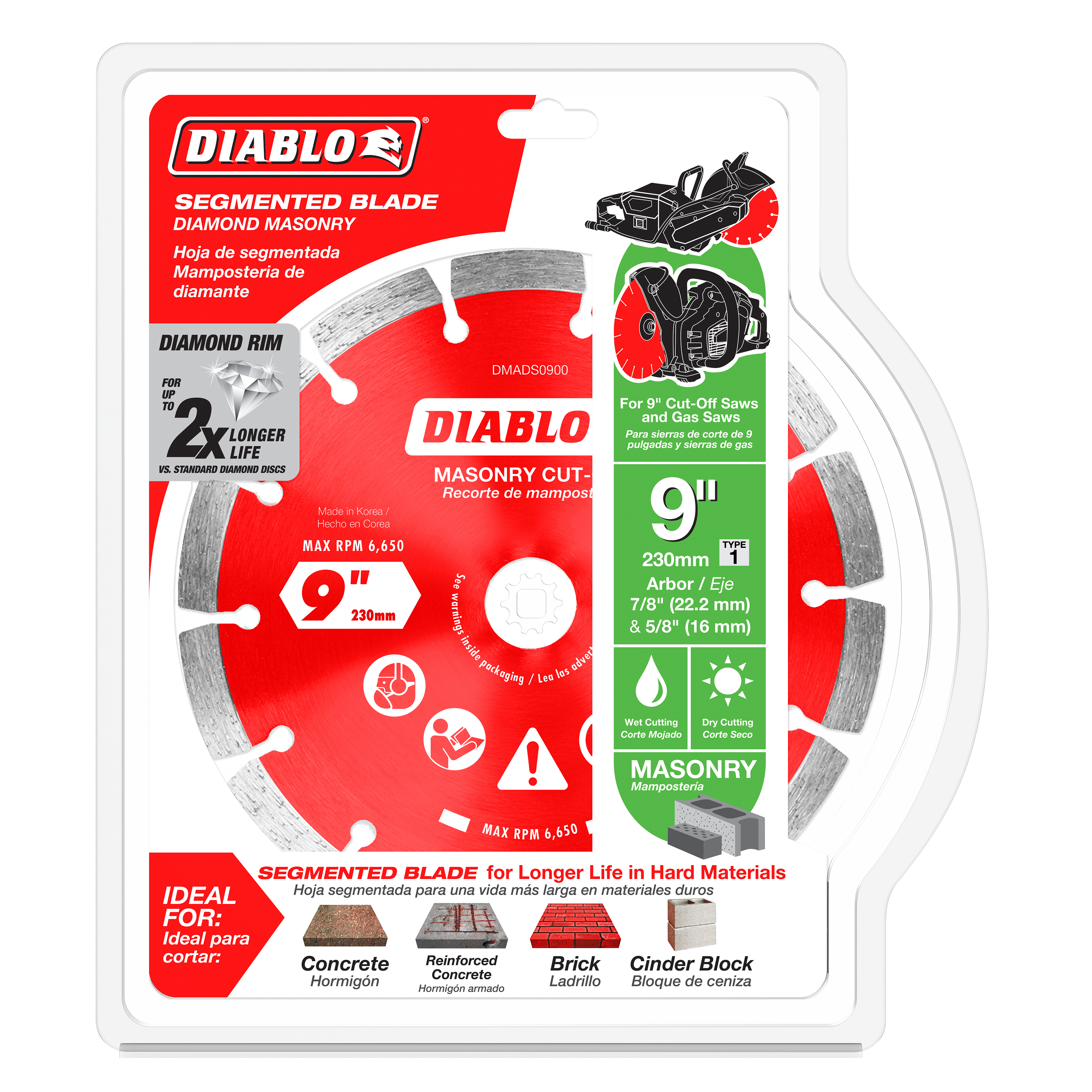 Diablo 9-inch diamond segmented masonry cut-off disc in red and gray packaging with specifications and usage icons.