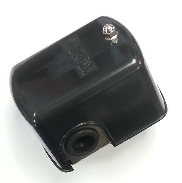 Black cylindrical pressure switch with metal connector terminal on top and threaded port on bottom.