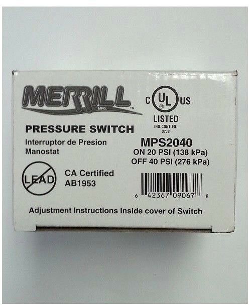 Merrill MPS2040 no-lead pressure switch with white box packaging showing model number, pressure specifications, and UL certif
