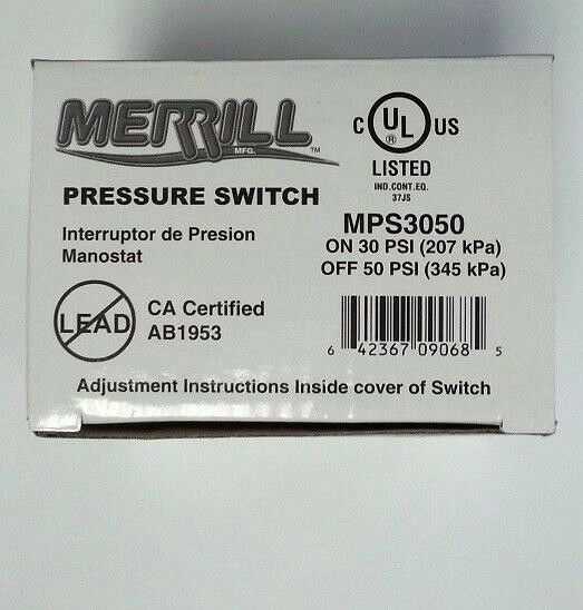 Merrill Manufacturing MPS3050 pressure switch box labeled 30-50 psi with UL listing and lead-free certification.