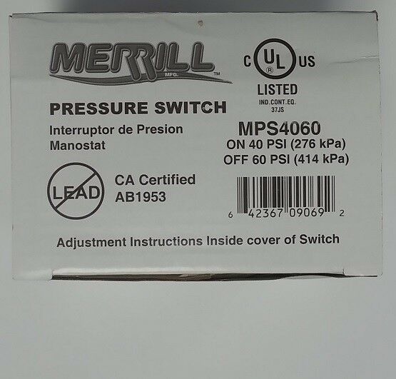 Merrill MPS4060 pressure switch packaging label showing 40-60 psi specifications and UL certification.
