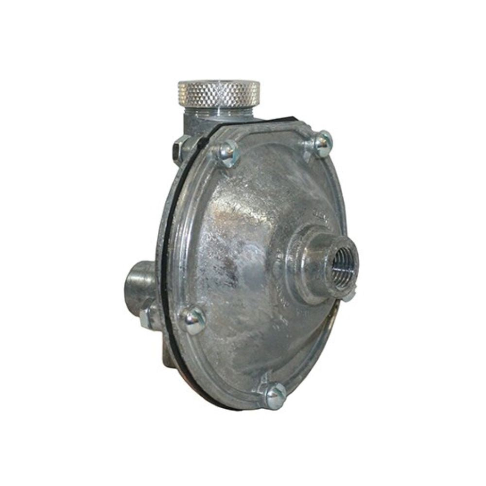 Metal air volume control valve with knurled top adjustment knob and threaded ports for 1/4 inch connections.