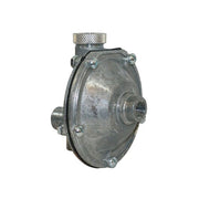 Metal air volume control valve with knurled top adjustment knob and threaded ports for 1/4 inch connections.
