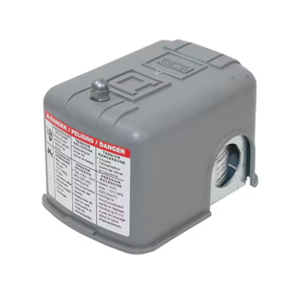 Gray Square D pressure switch with adjustment knob on top, warning label on front, and pulsating plug connection on side.