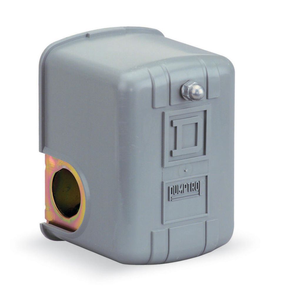 Gray square pressure switch with metal port opening and control knobs on front face.
