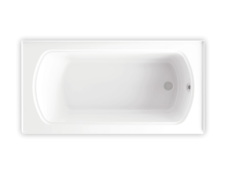 Biscuit-colored rectangular alcove bathtub with rounded interior edges and control fixtures on the side.