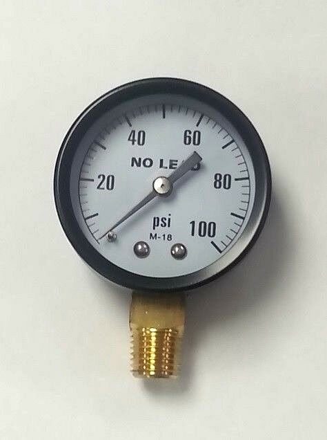 Round pressure gauge with black case, white dial marked 0-100 psi, and brass bottom connection fitting.