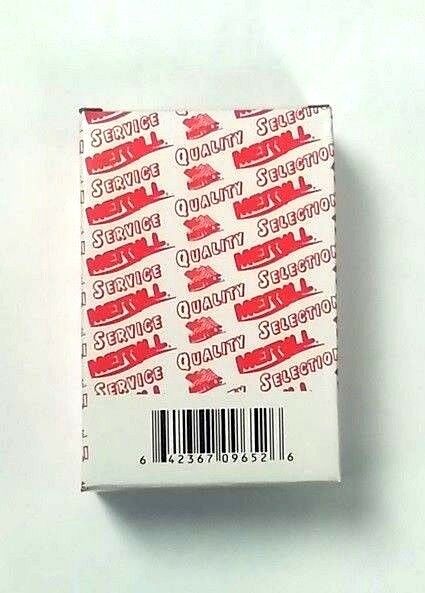 White product box with red and black branded pattern, barcode label, and product information visible on front.