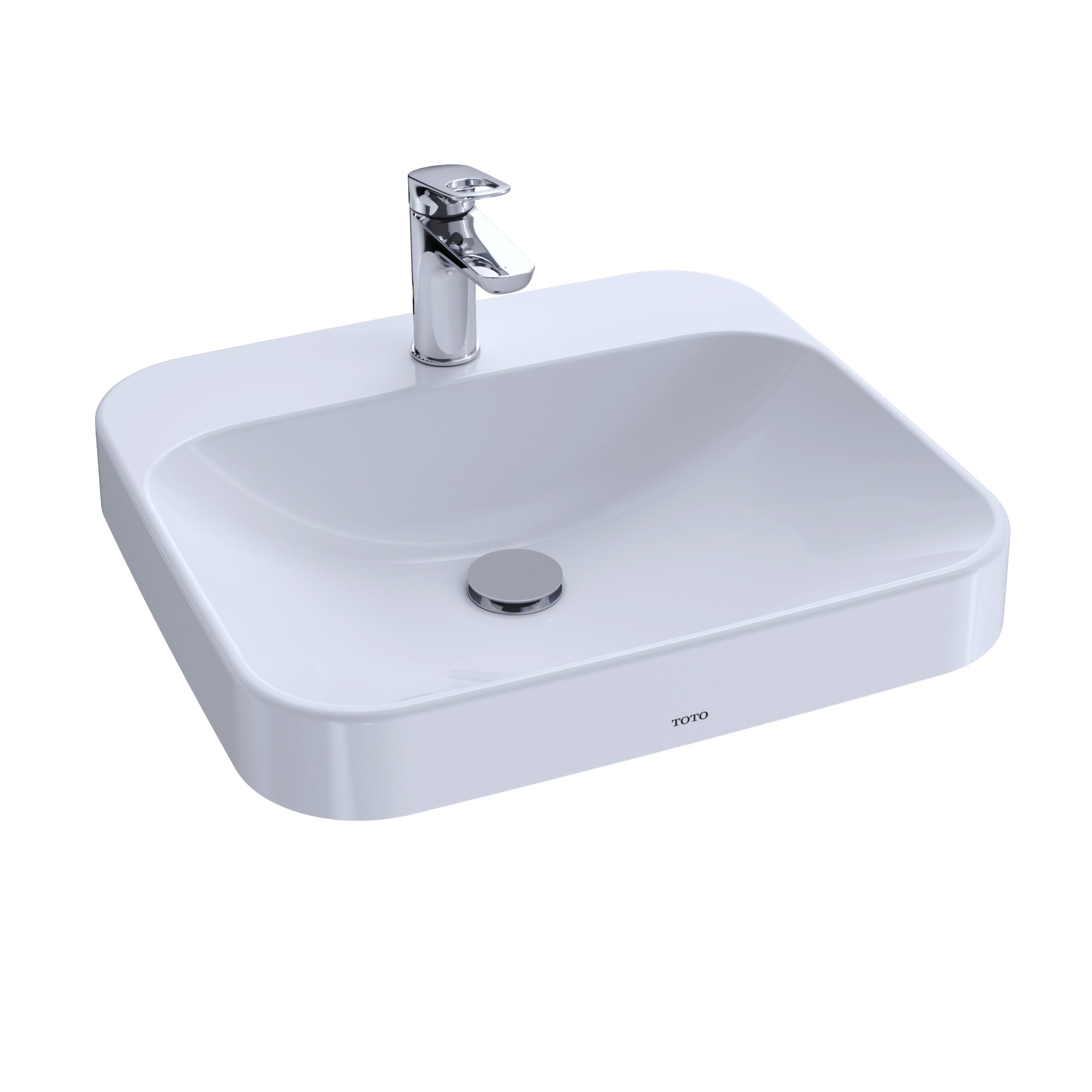 White rectangular vessel sink with chrome single-hole faucet and drain cover.