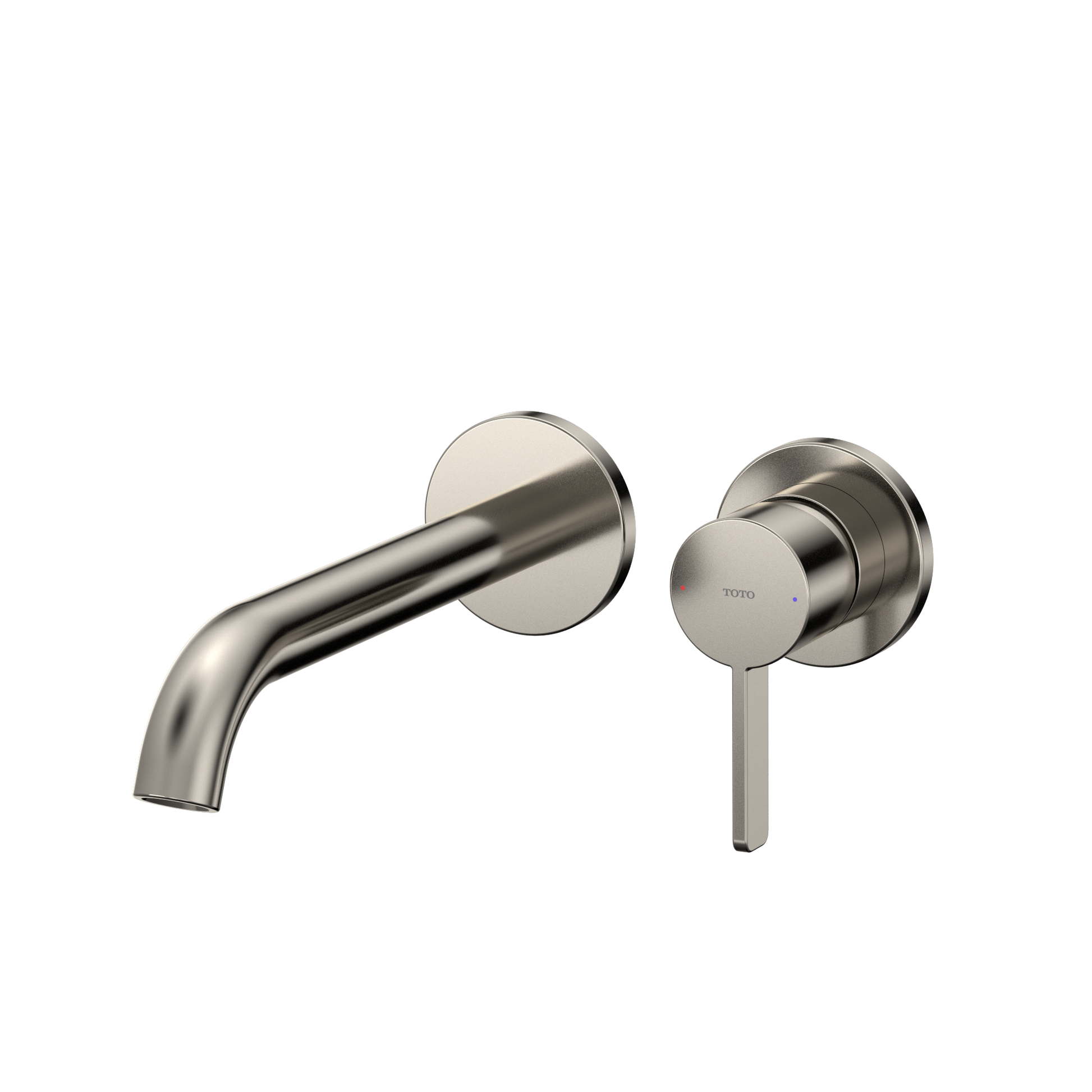 Polished nickel wall-mount bathroom faucet with single lever handle and curved spout.