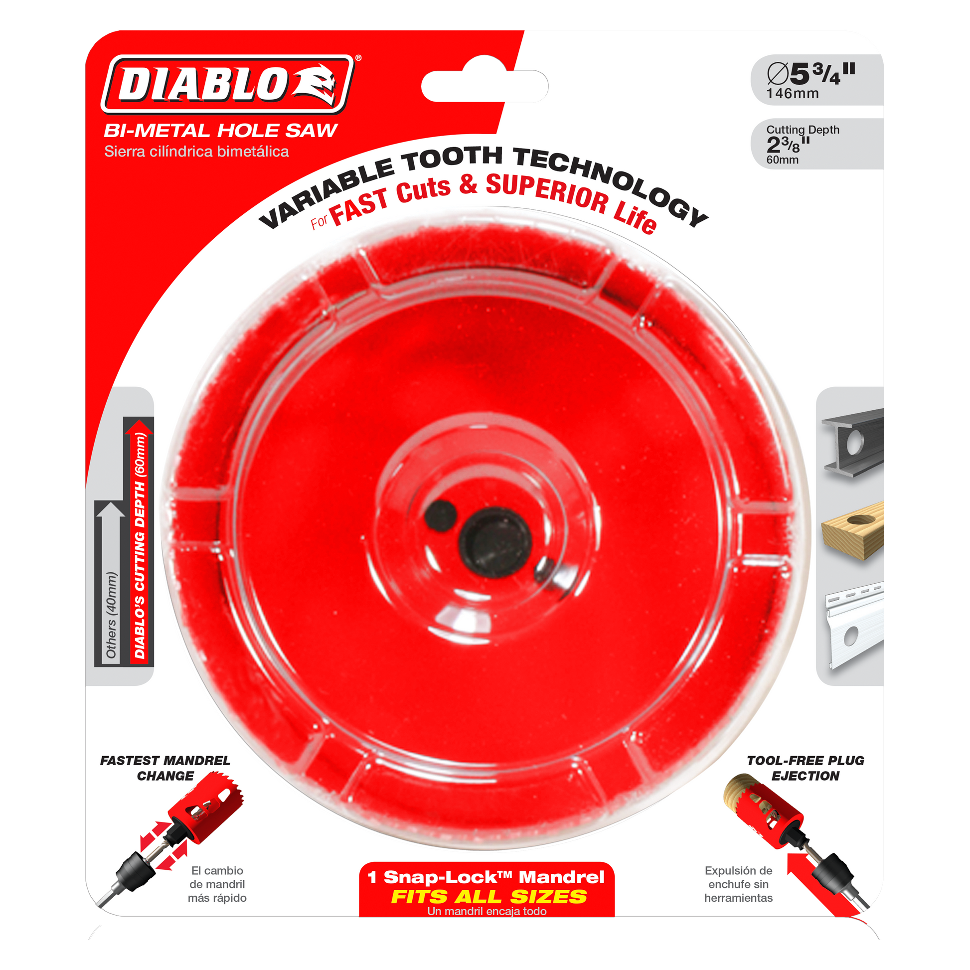 Diablo 5-3/4 inch red bi-metal hole saw with variable tooth technology and snap-lock mandrel on packaging.