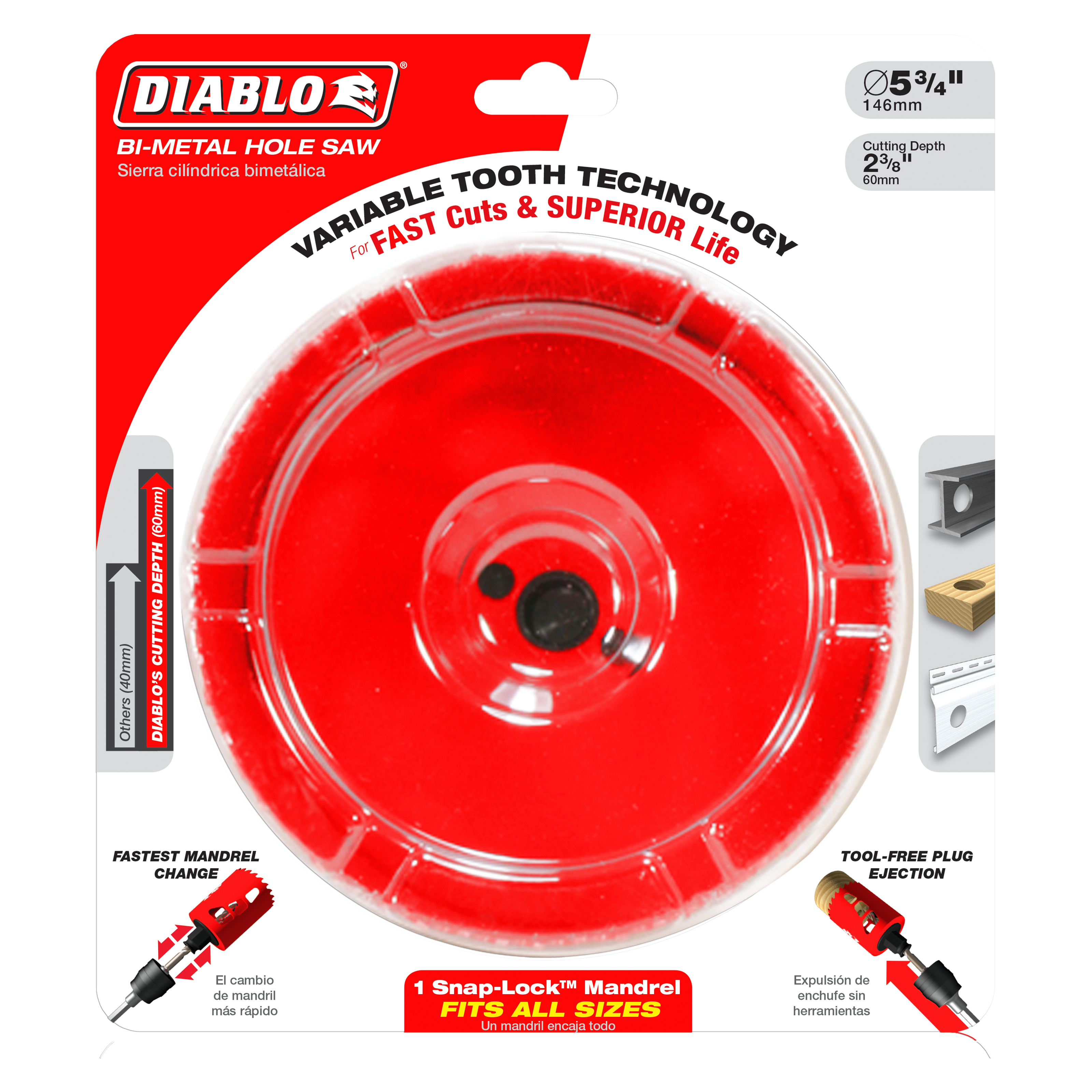 Diablo 5-3/4 inch red bi-metal hole saw with variable tooth technology and snap-lock mandrel on packaging.