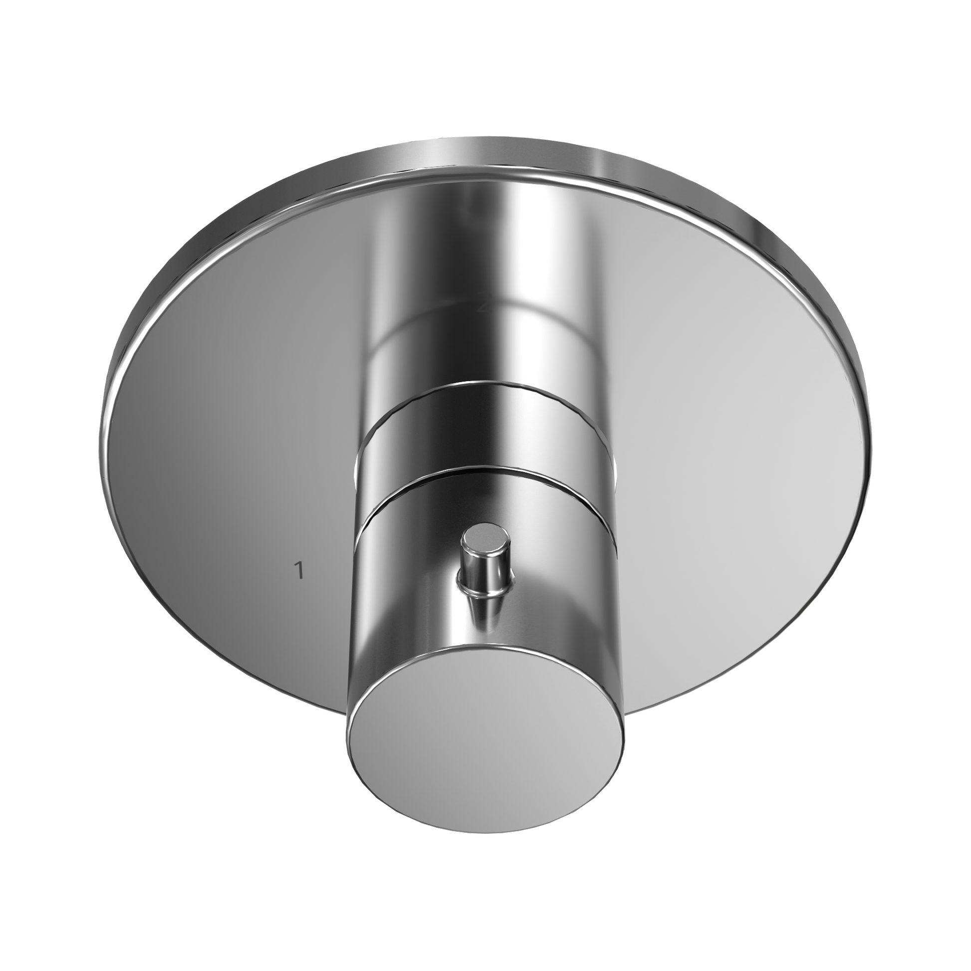 Polished chrome round shower diverter trim with cylindrical body and control lever extending downward from center.