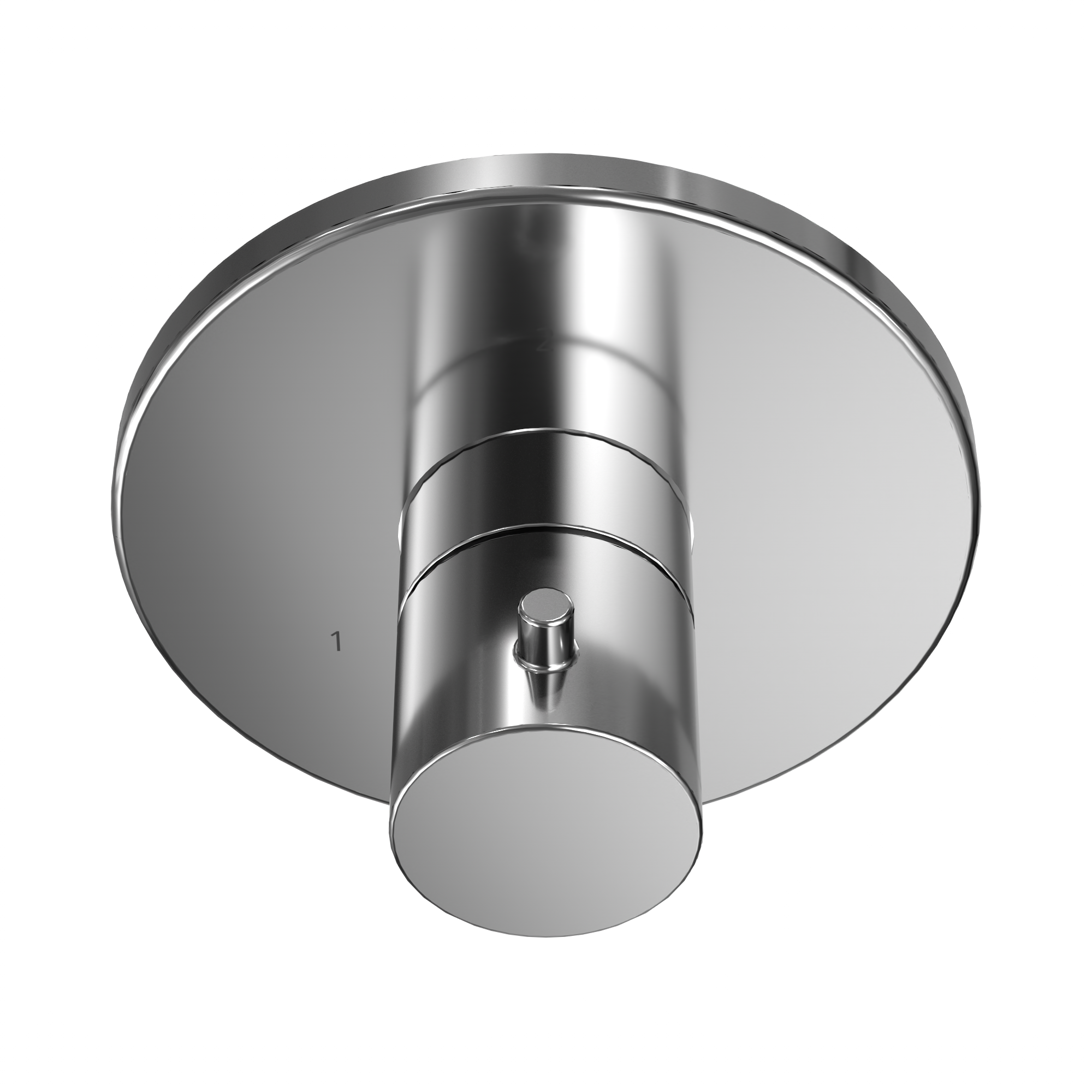 Polished chrome round shower diverter trim with cylindrical body and control lever extending downward from center.