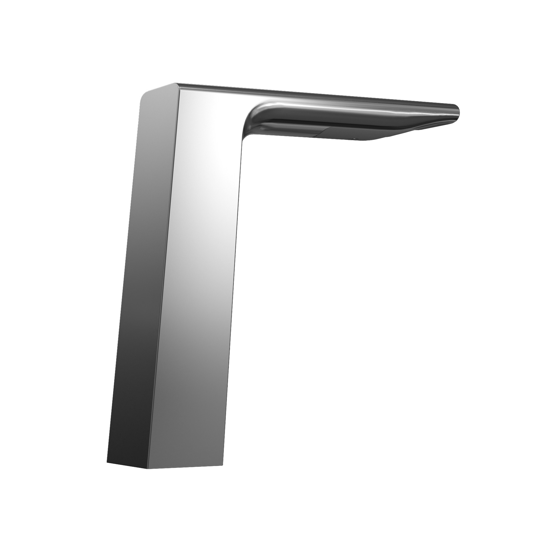 Polished chrome touchless bathroom faucet with tall angular body and curved spout.