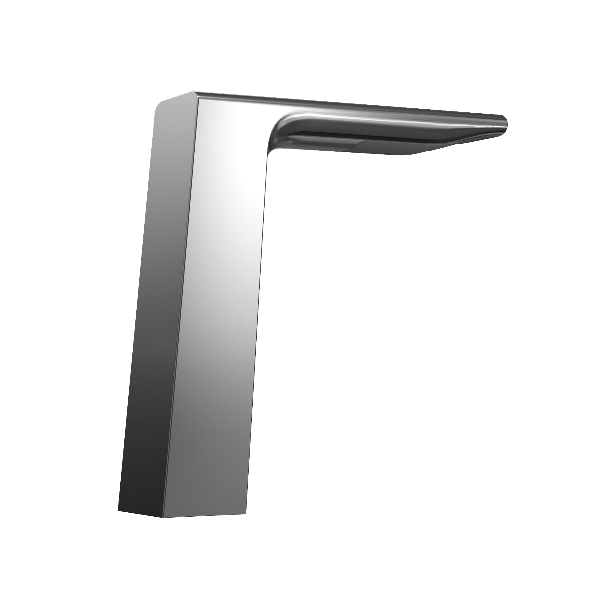 Polished chrome touchless bathroom faucet with tall rectangular body and curved spout.