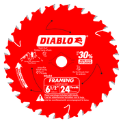 Red circular saw blade with 24 silver teeth, white center arbor hole, and Diablo branding with framing specifications.