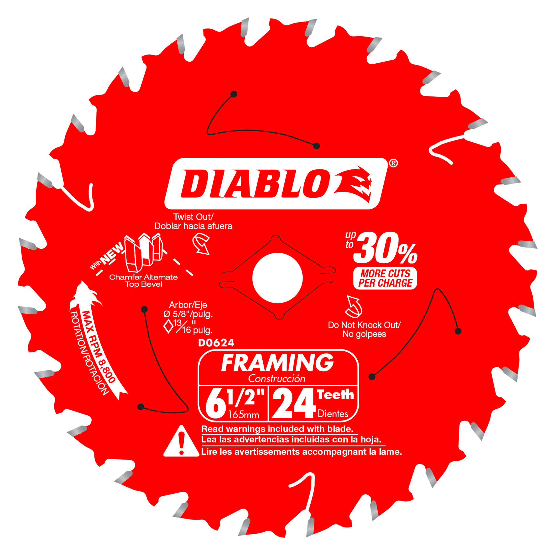Red circular saw blade with 24 silver teeth, white center arbor hole, and Diablo branding with framing specifications.