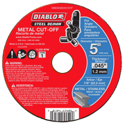 Red circular metal cut-off disc with white center hole, labeled "Diablo Steel Demon," 5 inches diameter, 0.045 inches thick.