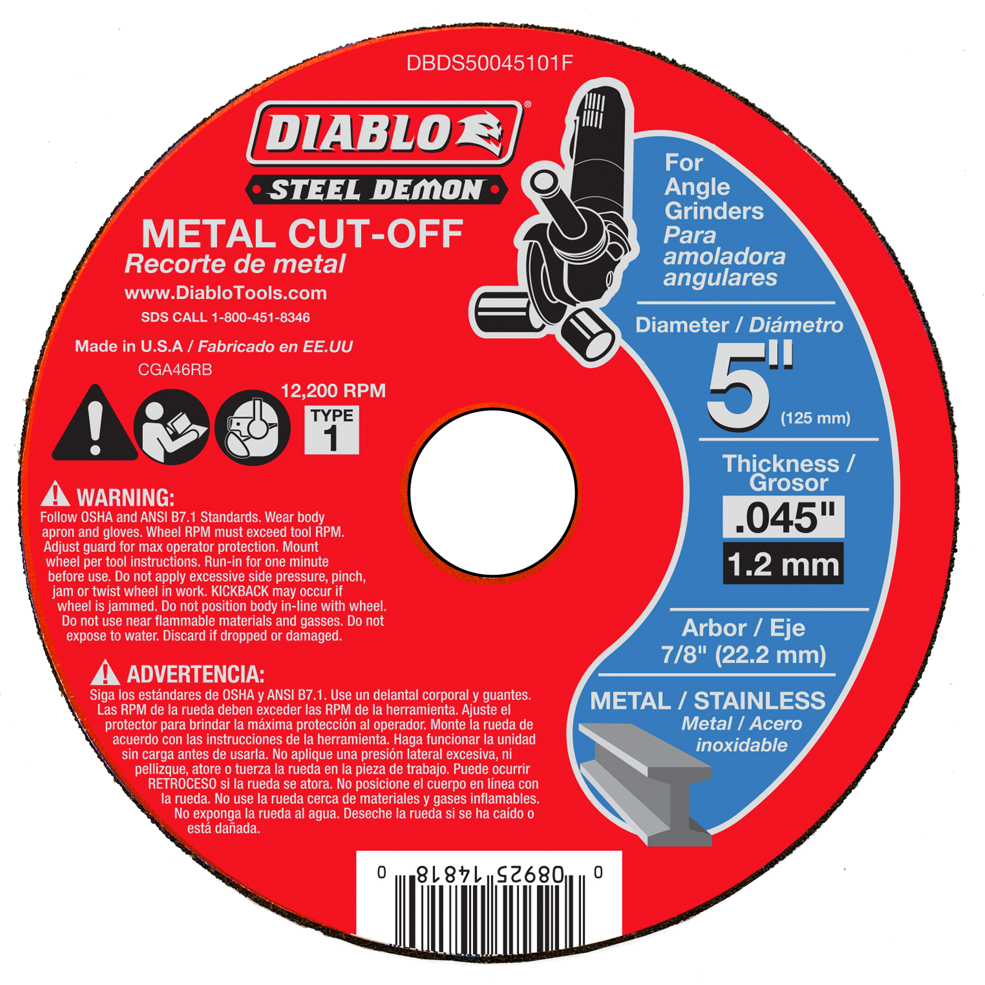 Red circular metal cut-off disc with white center hole, labeled "Diablo Steel Demon," 5 inches diameter, 0.045 inches thick.