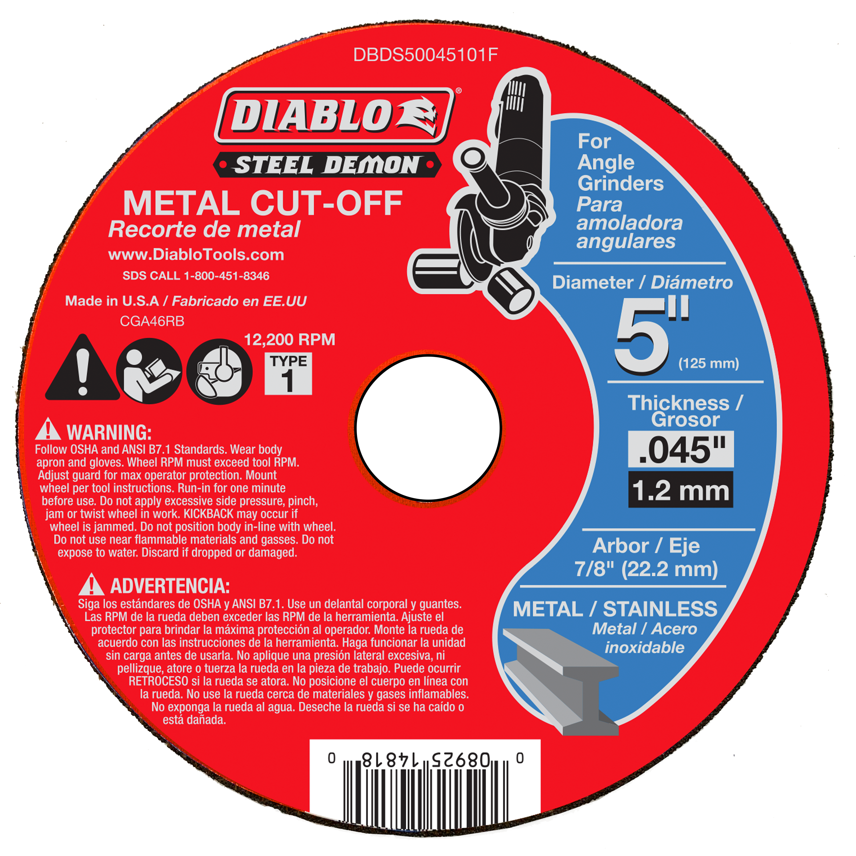 Red circular metal cut-off disc with white center hole, labeled "Diablo Steel Demon," 5 inches diameter, 0.045 inches thick.