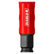 Red cylindrical diamond grit hole saw with Diablo branding and black hexagonal bit attachment.