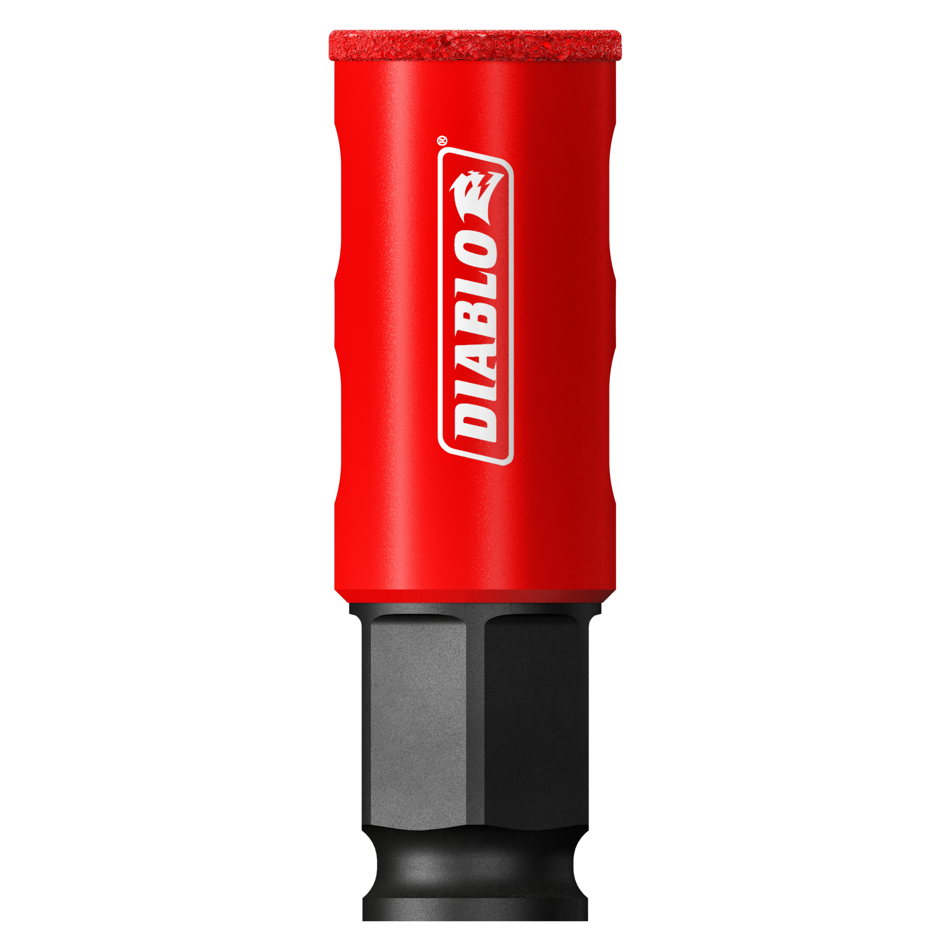 Red cylindrical diamond grit hole saw with Diablo branding and black hexagonal bit attachment.