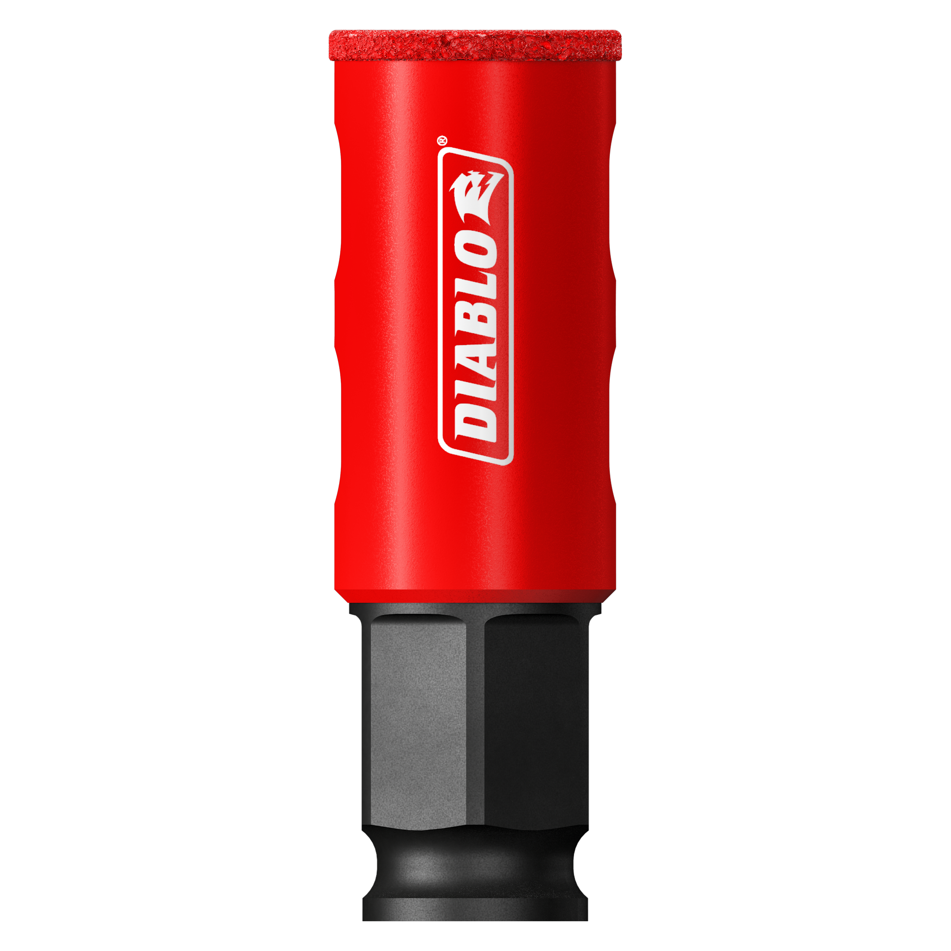 Red cylindrical diamond grit hole saw with Diablo branding and black hexagonal bit attachment.