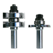 Two metallic router bits with adjustable cutting heads and black knobs, one with dual stacked blades and one with single blad
