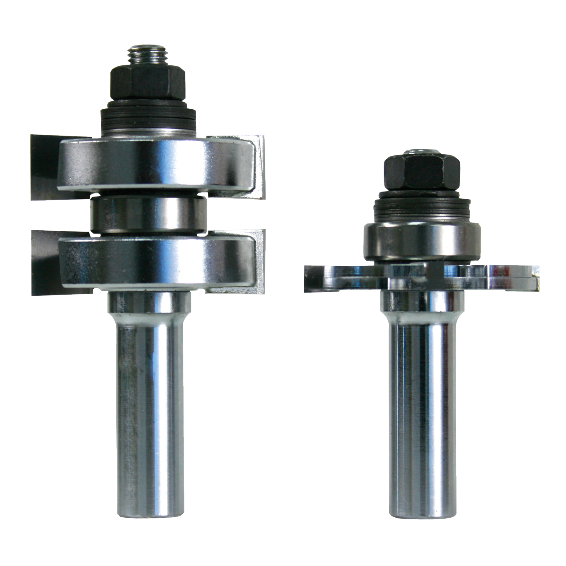 Two metallic router bits with adjustable cutting heads and black knobs, one with dual stacked blades and one with single blad