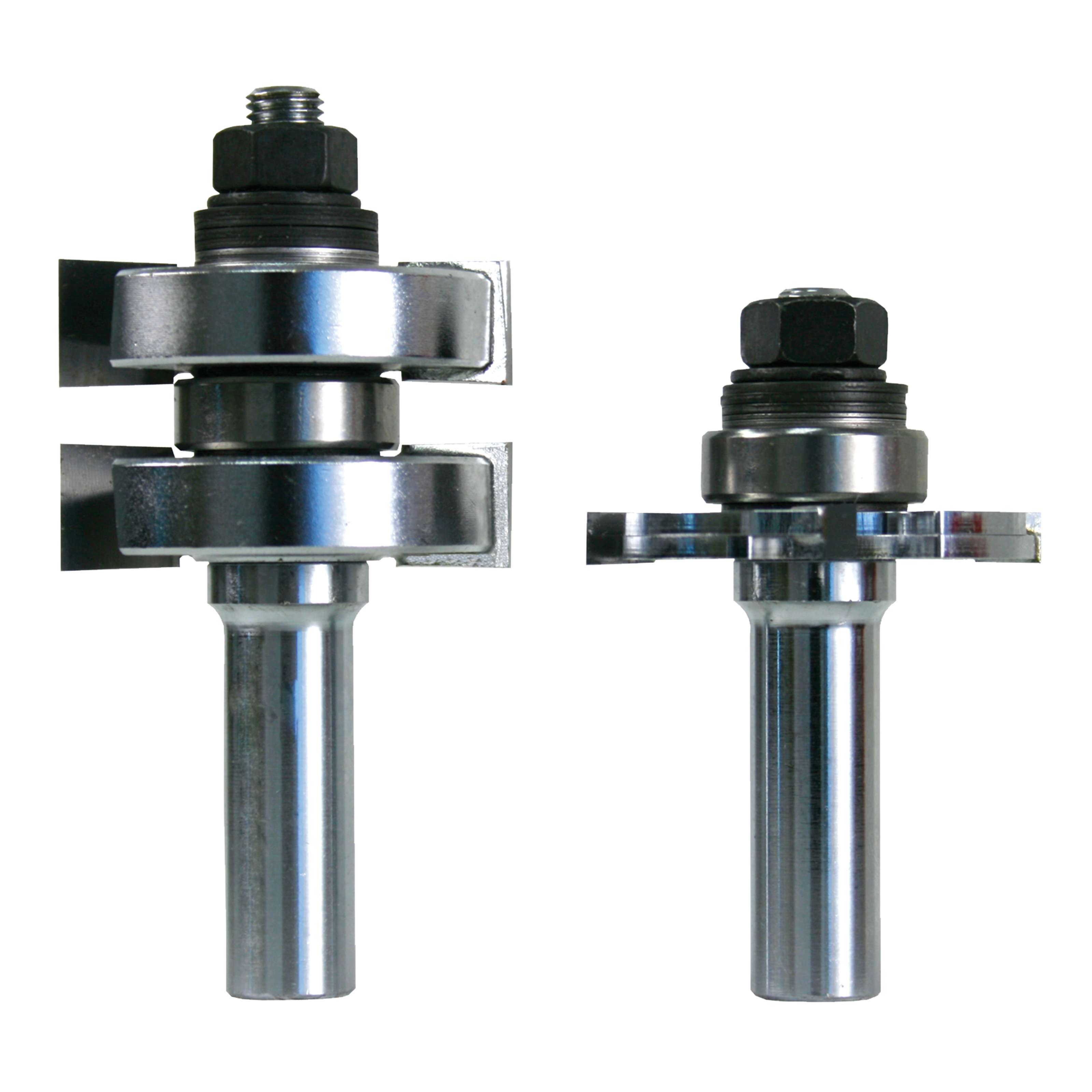 Two metallic router bits with adjustable cutting heads and black knobs, one with dual stacked blades and one with single blad