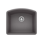 Cinder gray single bowl undermount sink with rounded corners and chrome drain strainer.
