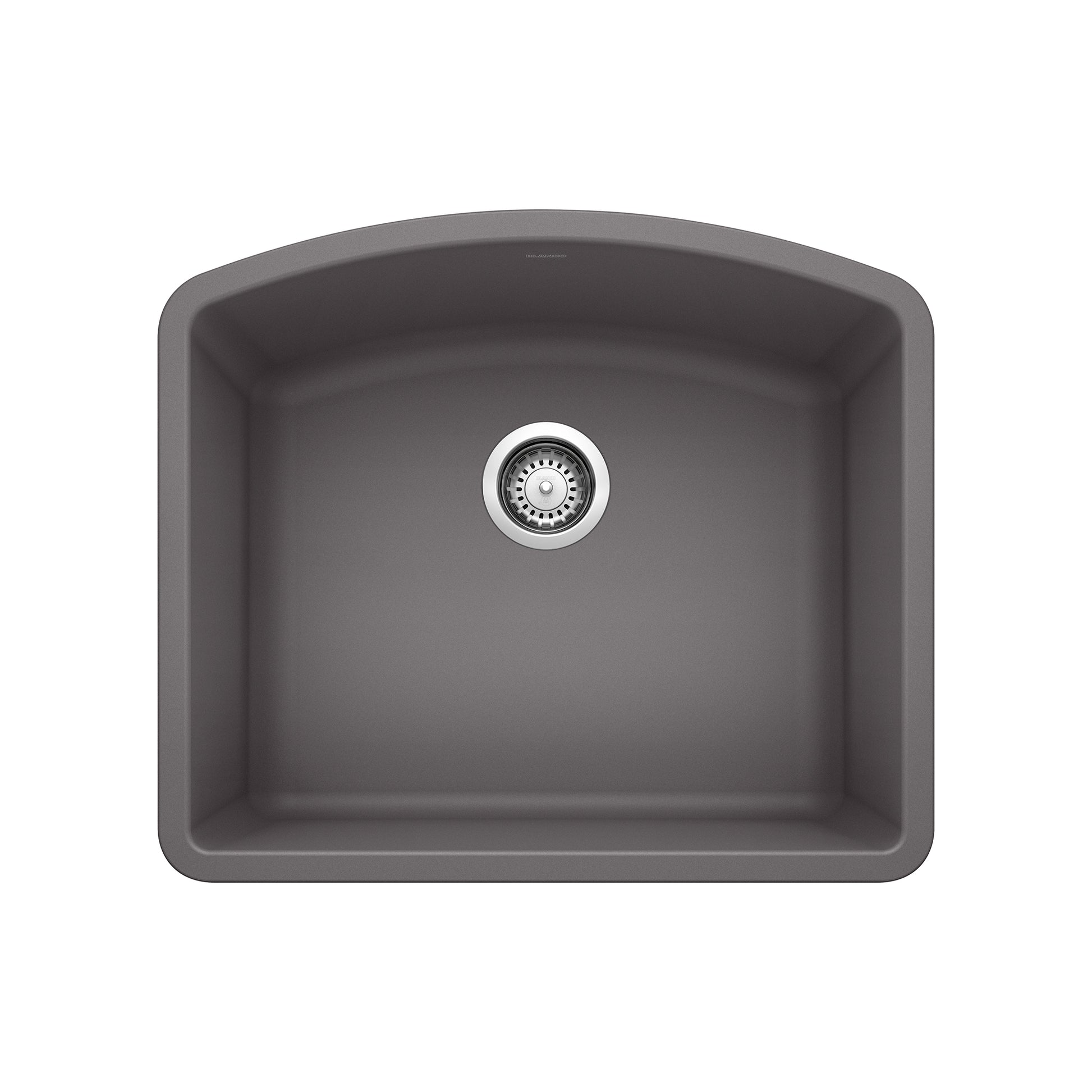 Cinder gray single bowl undermount sink with rounded corners and chrome drain strainer.