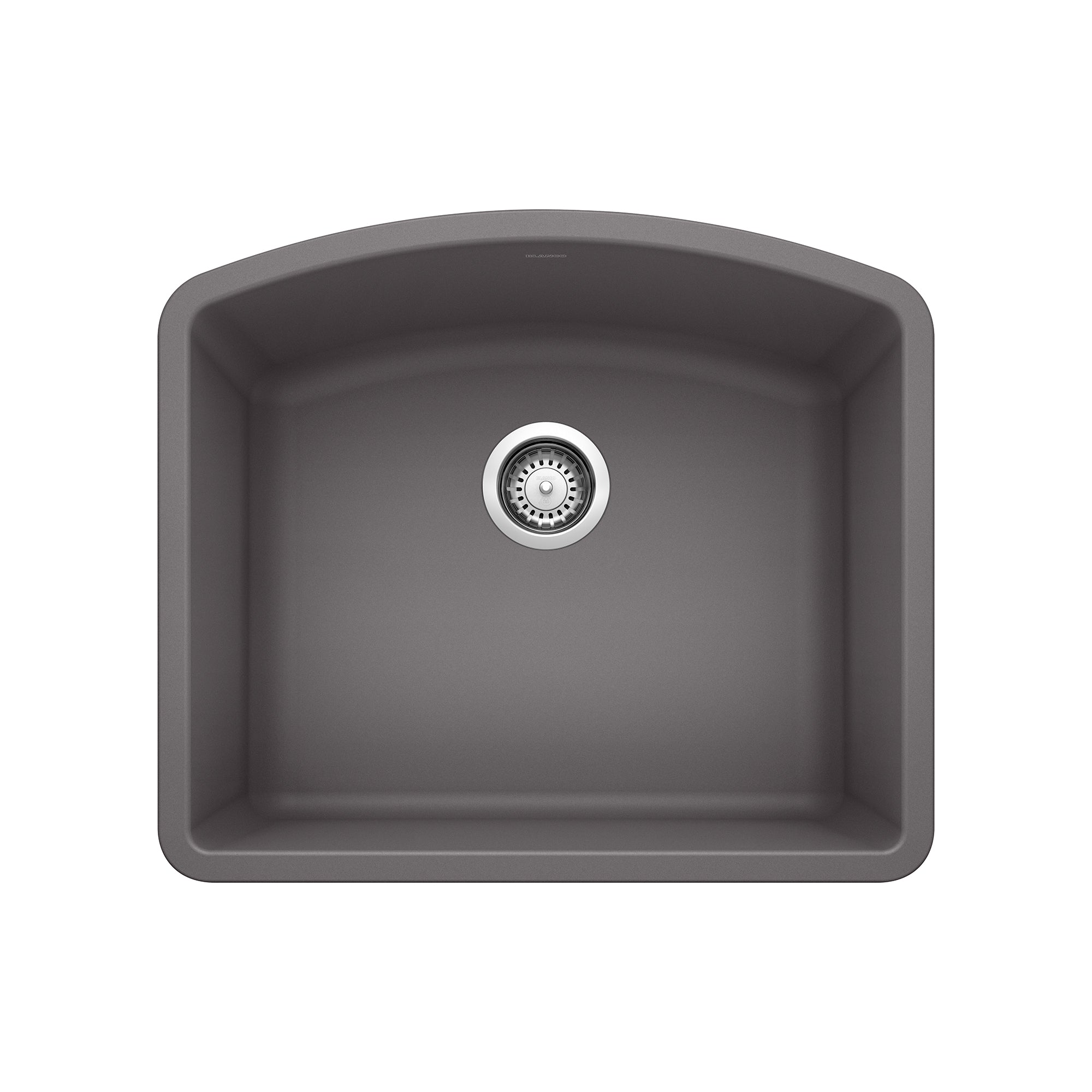 Cinder gray single bowl undermount sink with rounded corners and chrome drain strainer.