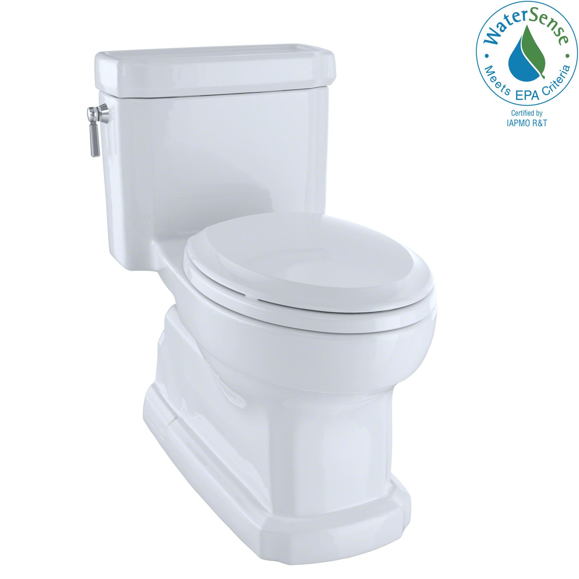 Cotton white elongated two-piece toilet with soft-close seat and chrome supply line visible on tank side.