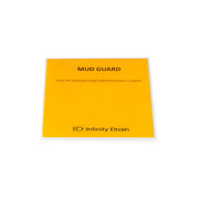 Bright yellow square mud guard with black text and white border, labeled "MUD GUARD" and "ID Infinity Drain."