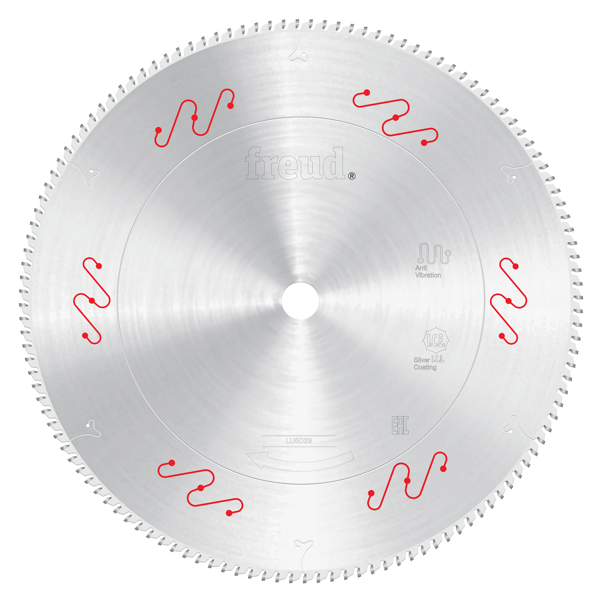 Silver circular saw blade with fine teeth around edge and red wavy blade markings, center hole, and Freud branding.