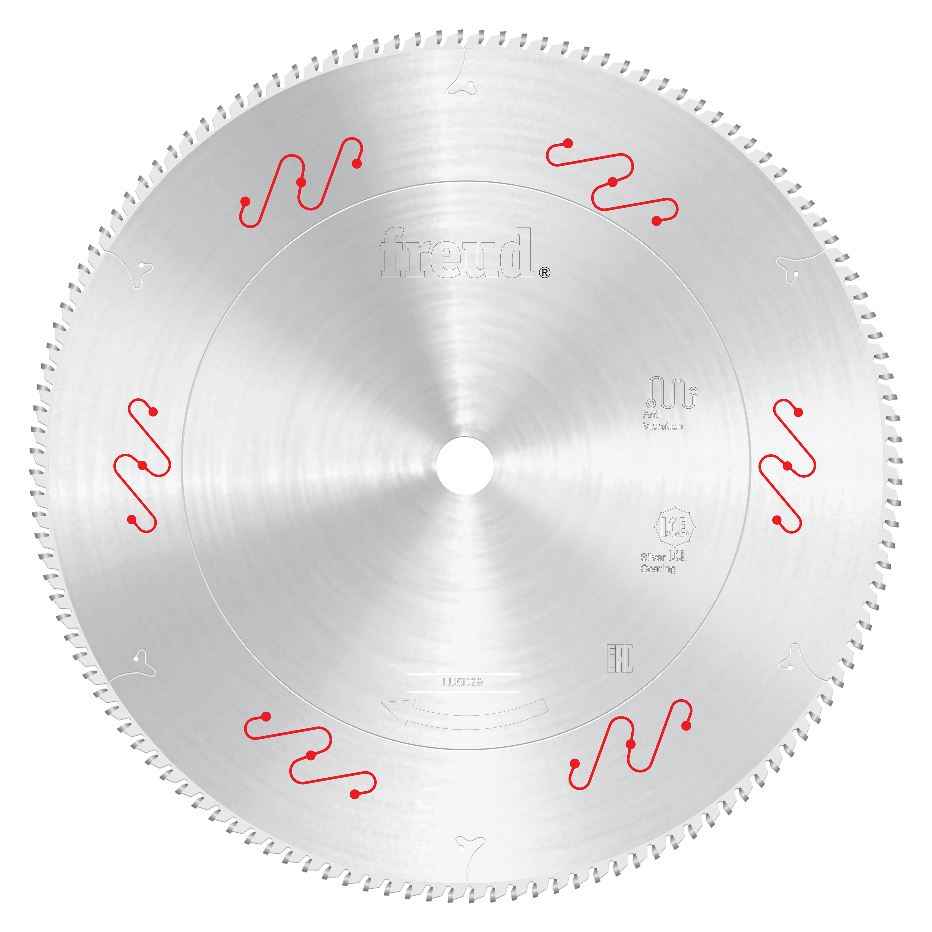 Silver circular saw blade with fine teeth around edge and red wavy blade markings, center hole, and Freud branding.