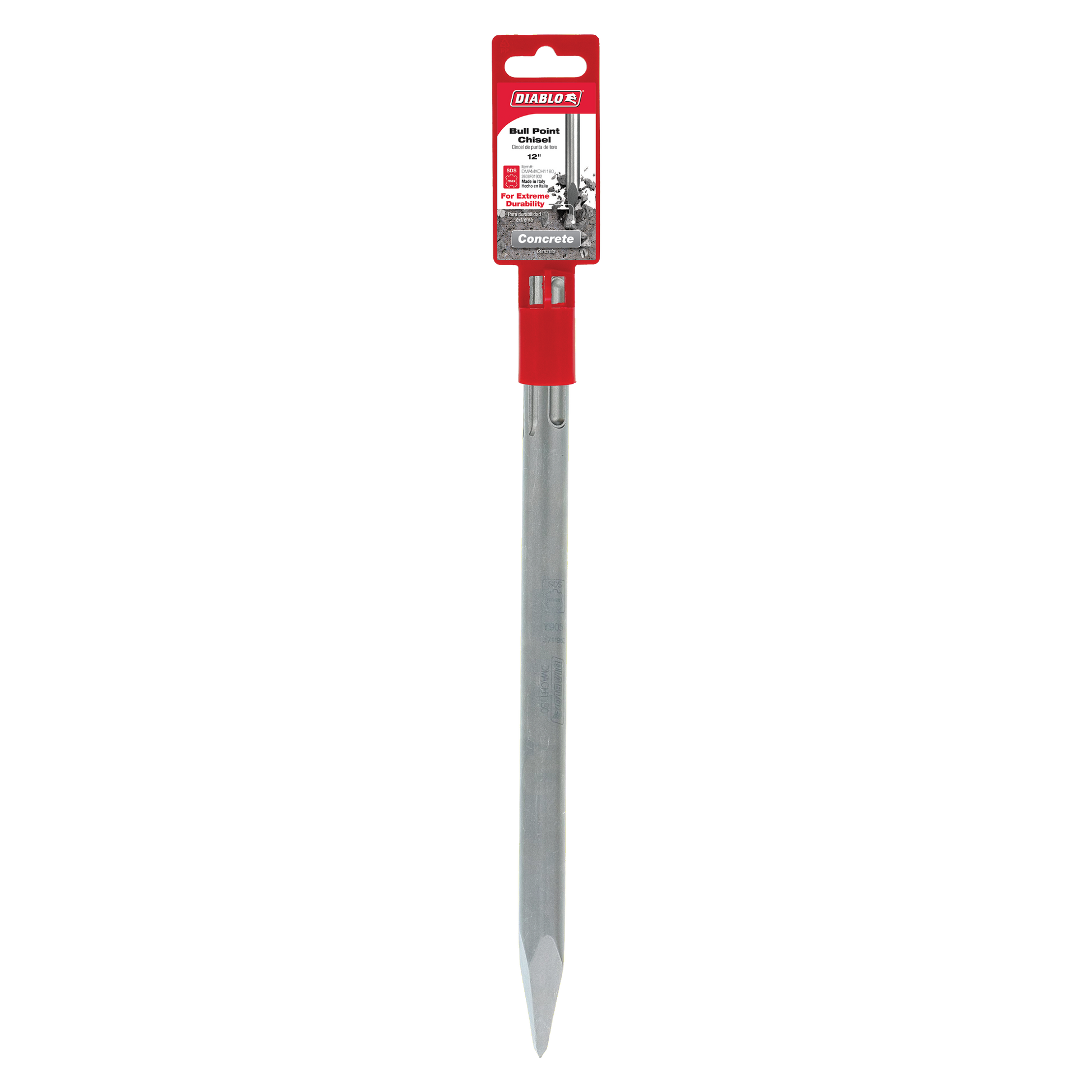 SDS-Max bull point chisel with red grip sleeve and pointed steel tip on long shaft.