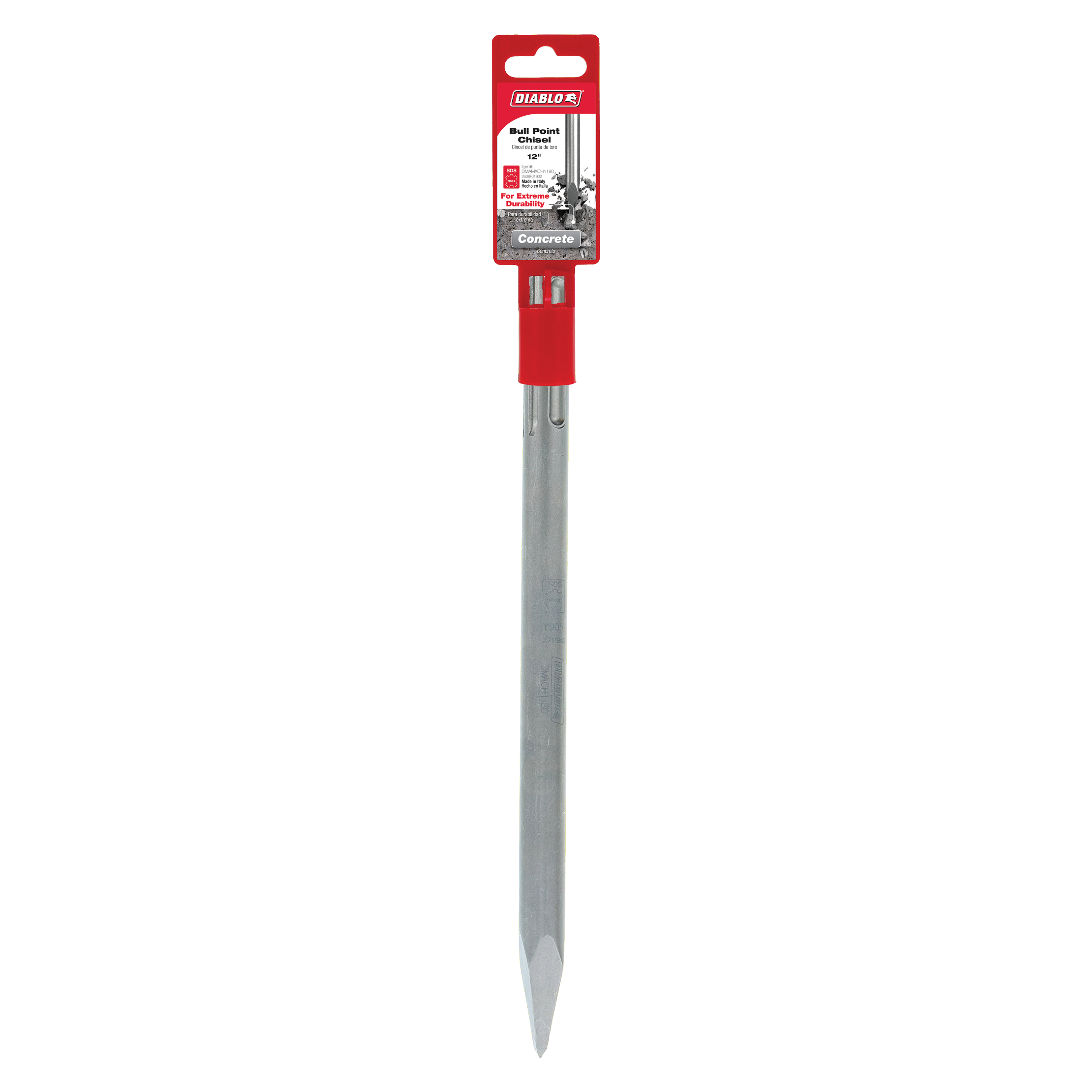 SDS-Max bull point chisel with red grip sleeve and pointed steel tip on long shaft.