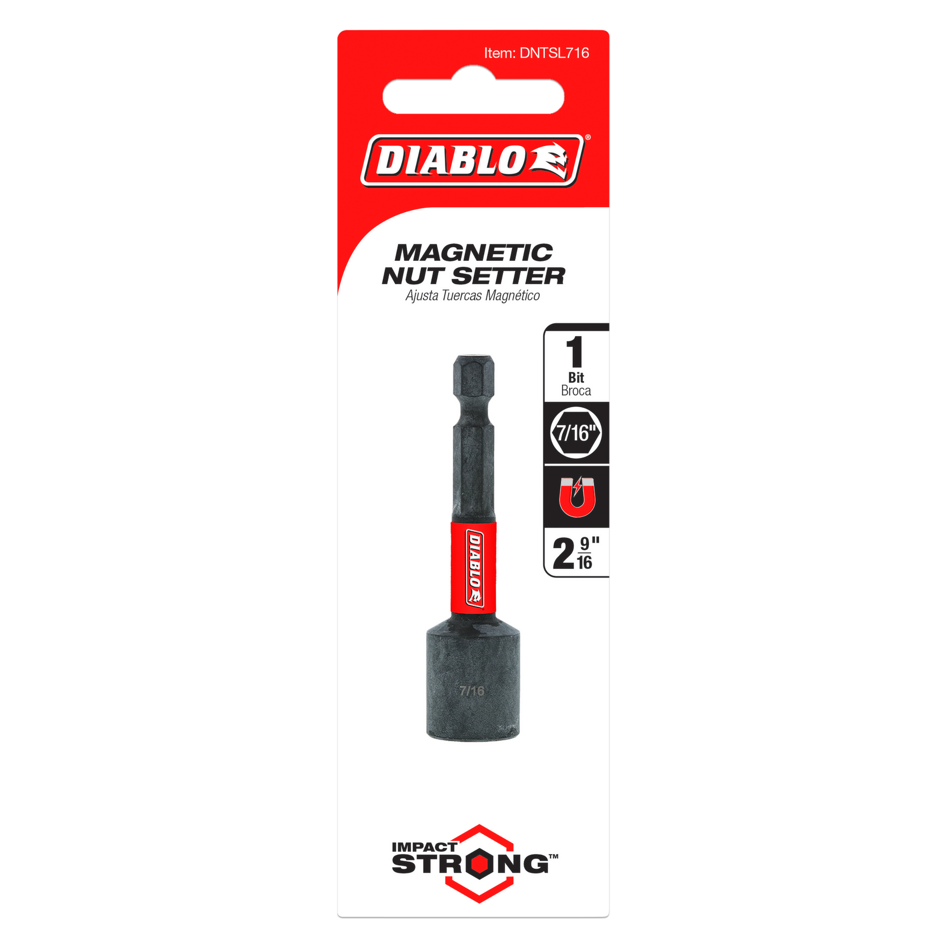 Diablo magnetic nut setter with 7/16 inch socket and red band on black shaft, displayed on red and white product packaging.