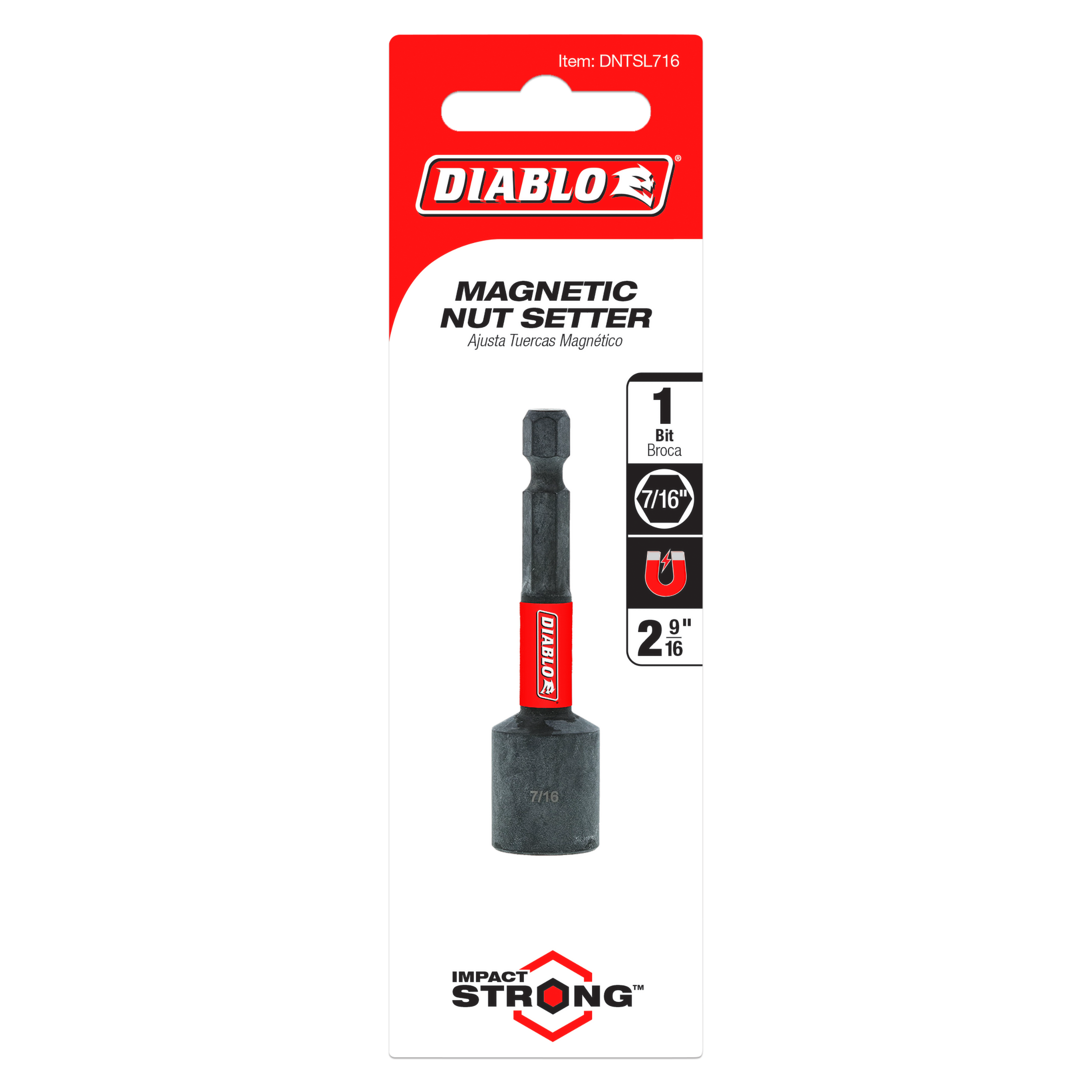 Diablo magnetic nut setter with 7/16 inch socket and red band on black shaft, displayed on red and white product packaging.