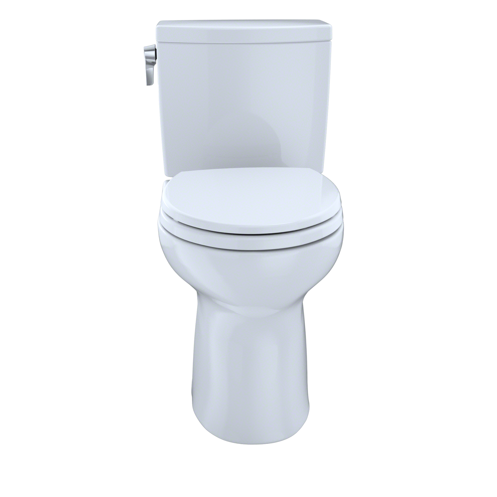 Cotton white two-piece round toilet with closed seat lid and tank mounted on white background.