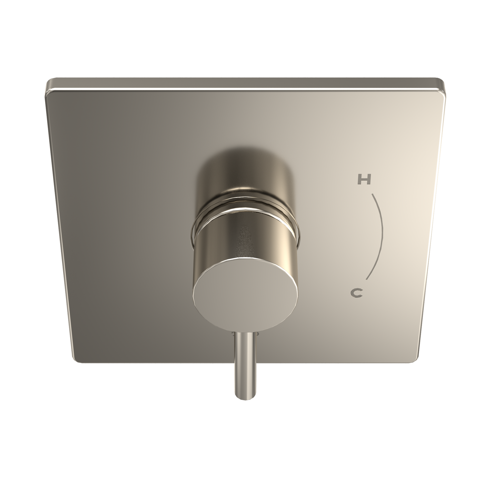 Polished nickel square shower valve trim with round control lever and H/C markings on brushed metal plate.