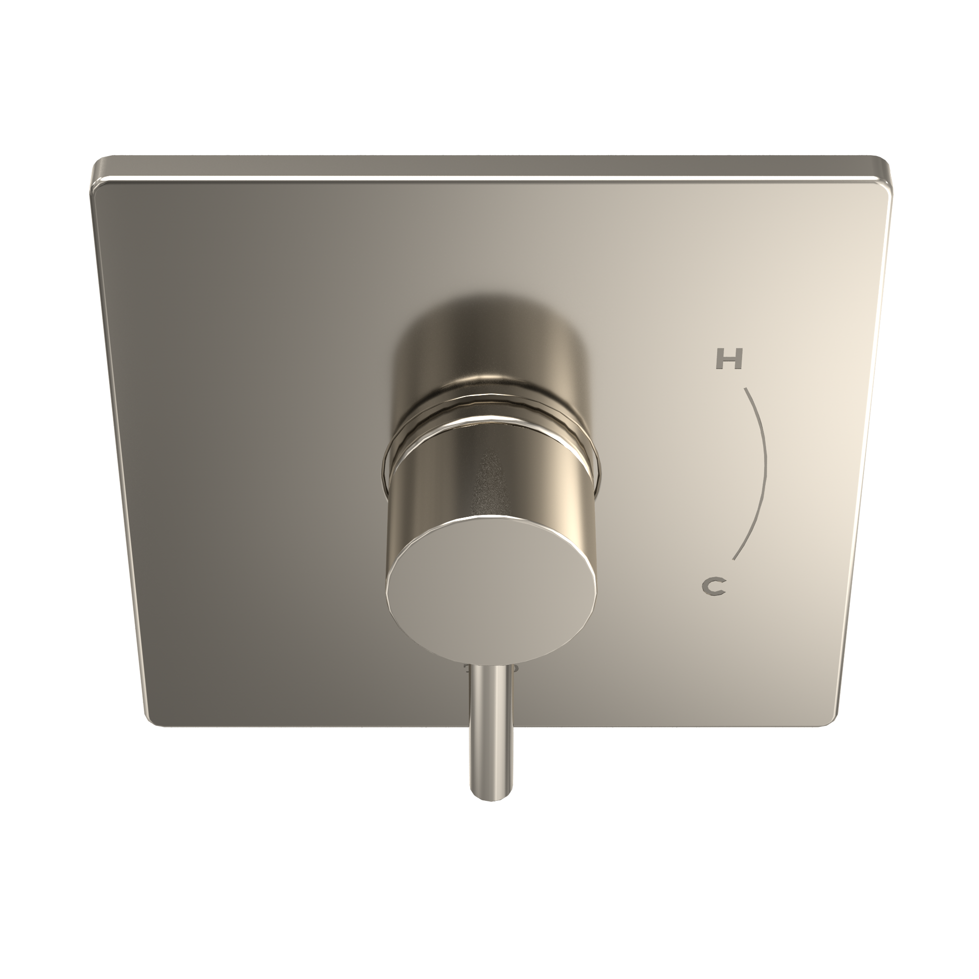 Polished nickel square shower valve trim with round control lever and H/C markings on brushed metal plate.