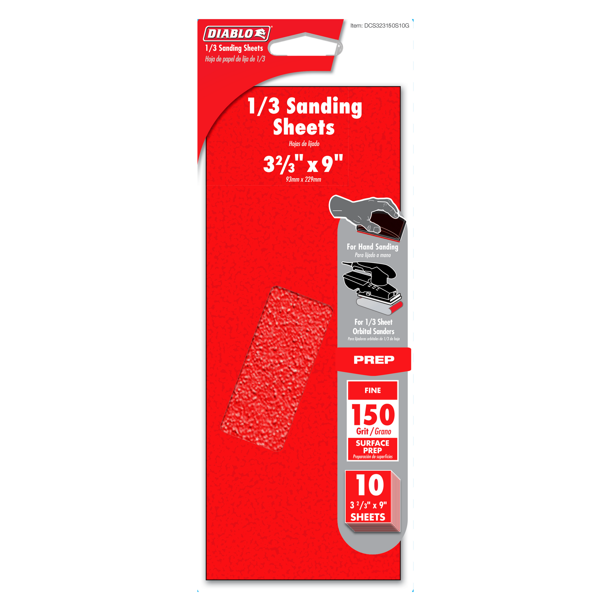 Red Diablo 1/3 sanding sheet package displaying 150-grit abrasive sheets with product specifications and usage instructions.