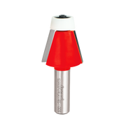 Freud bevel bowl bit with red cutting head, silver shank, white collar, and black top.